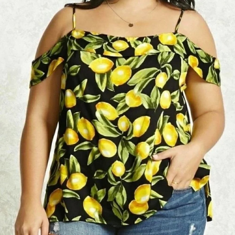 Forever 21 Black Lemon‎ Cold Shoulder Short Sleeve Blouse M
